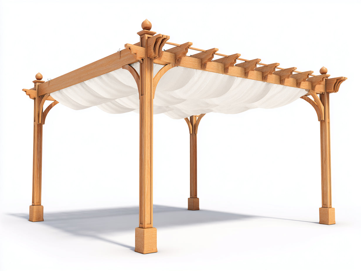 Pavillon Holz mit Stoffdach 320 x 300 x 260 cm - Naturholz-Weiß - für Garten klassisches Design