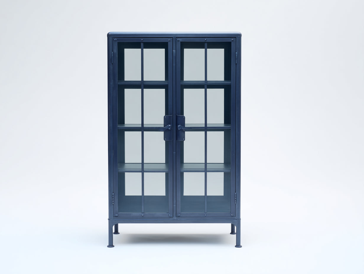 Bücherregal Metall 95x40x170 cm - Dunkelblau - Industrielles Vitrinendesign mit Glastüren