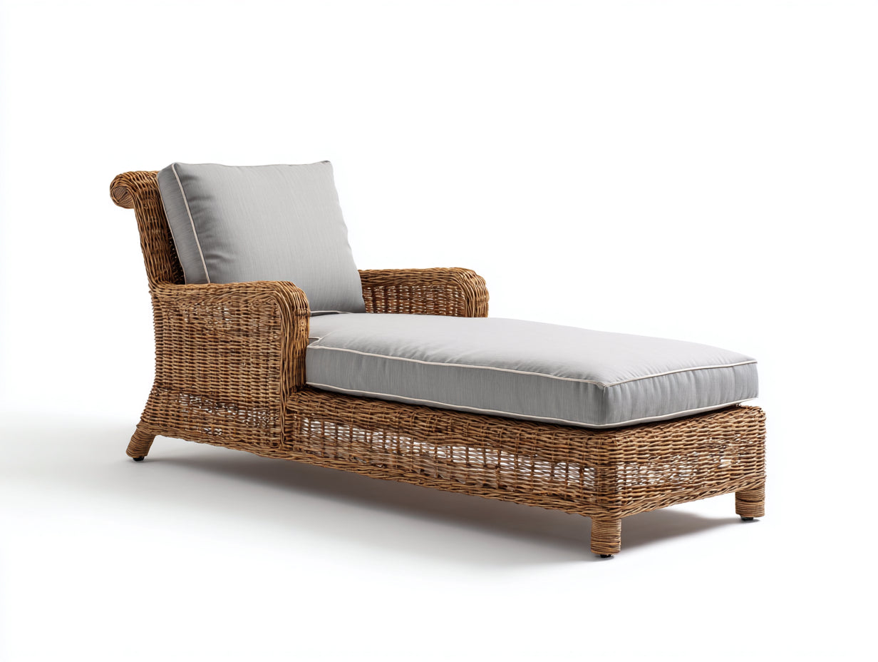 Sonnenliege Rattanoptik mit grauer Polsterauflage 168x73x86 cm - Naturbraun-Grau - klassisches Design