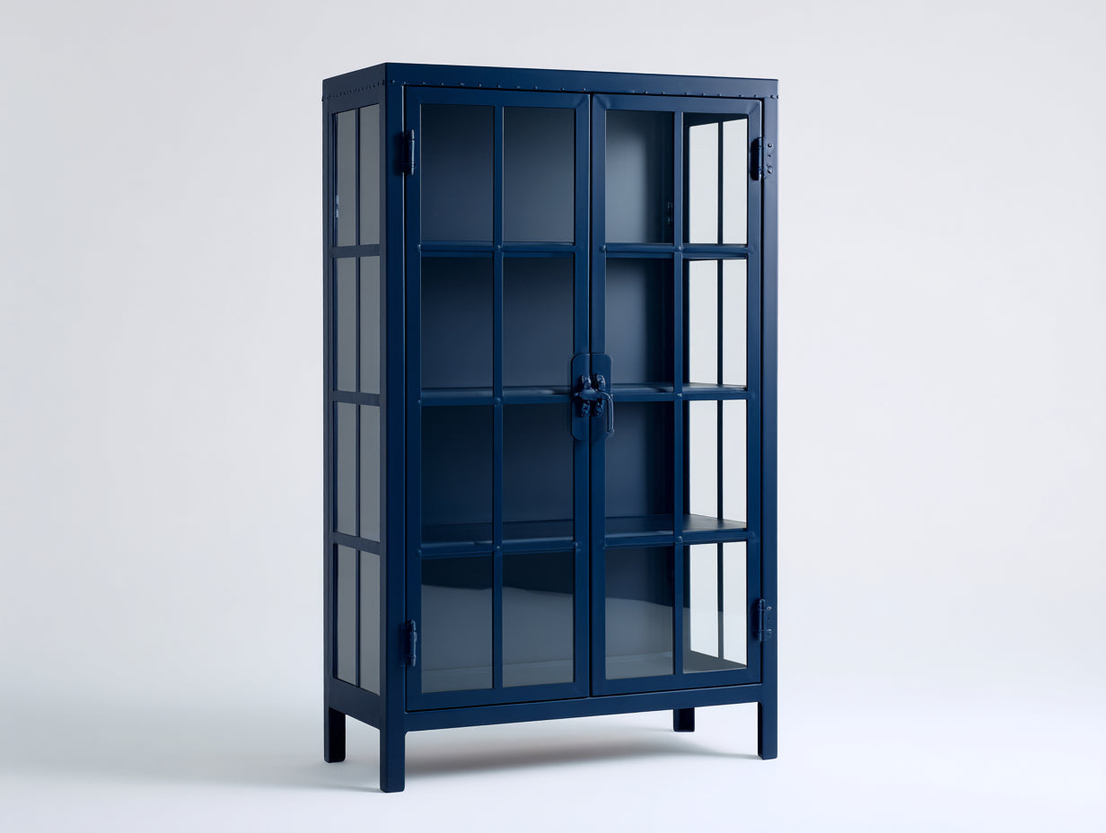 Bücherregal Metall mit Glastüren 100 x 40 x 170 cm - Blau - für Wohnzimmer industrielles Design