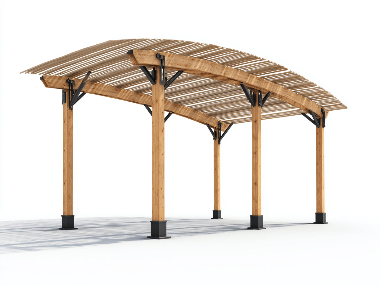 Pavillon Holzrahmen mit gebogenem Lamellendach 380x300x260 cm - Naturholz-Schwarz - modernes Design