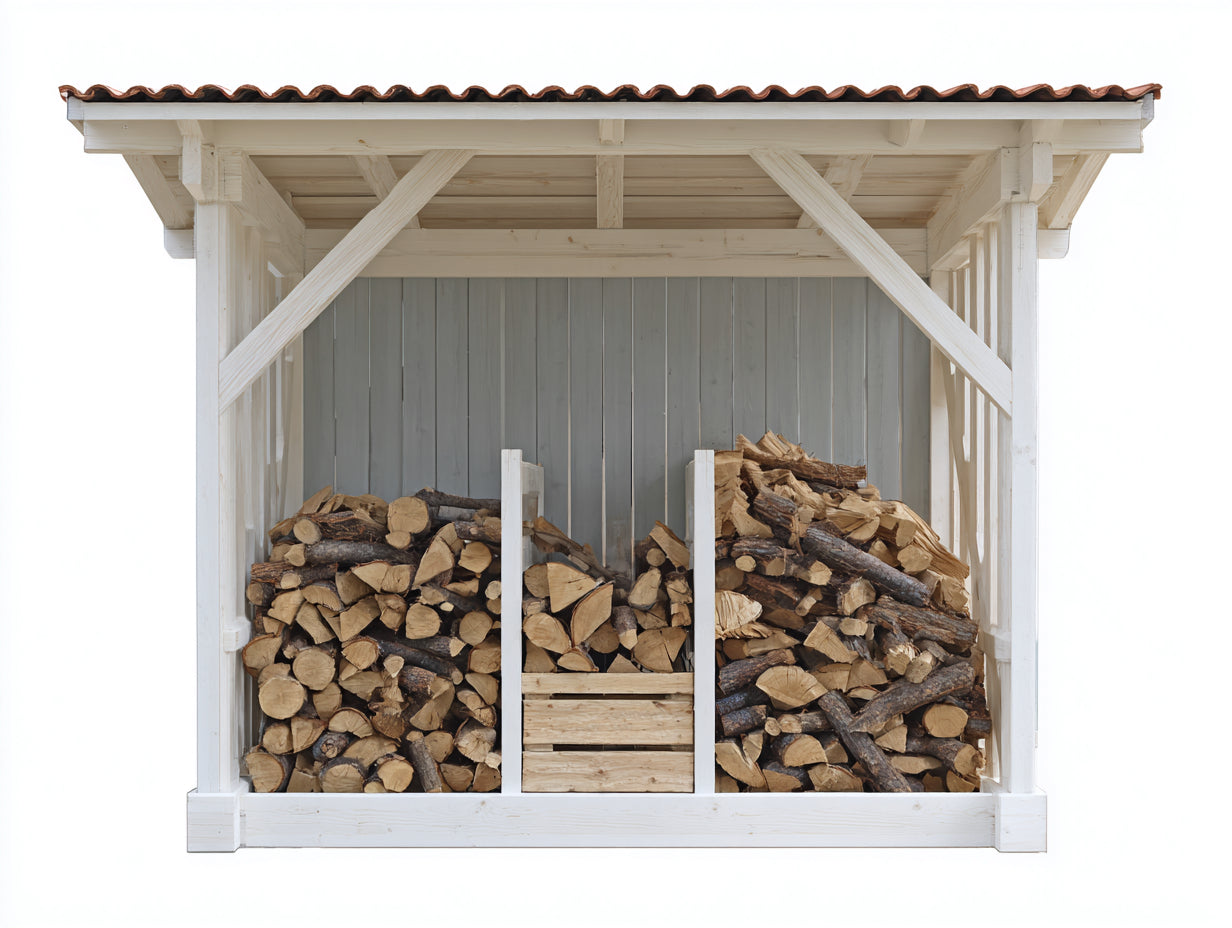 Kaminholzregal Massivholz 220x85x190 cm - Weiß-Natur-Braun - Überdachtes Design mit 3 Lagerfächern
