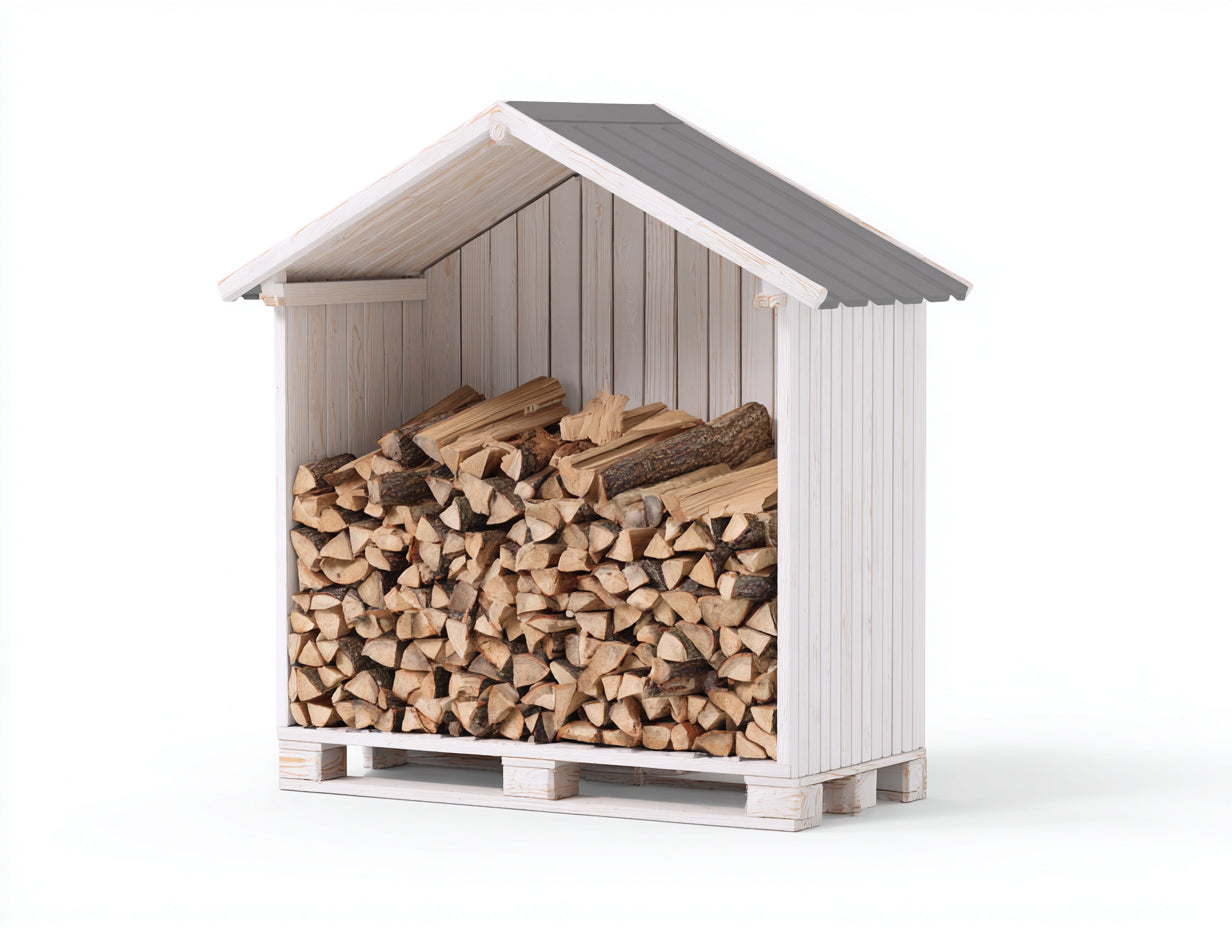 Kaminholzregal Holzrahmen mit Satteldach 150x65x155 cm - Weiß-Grau-Naturholz - rustikales Design