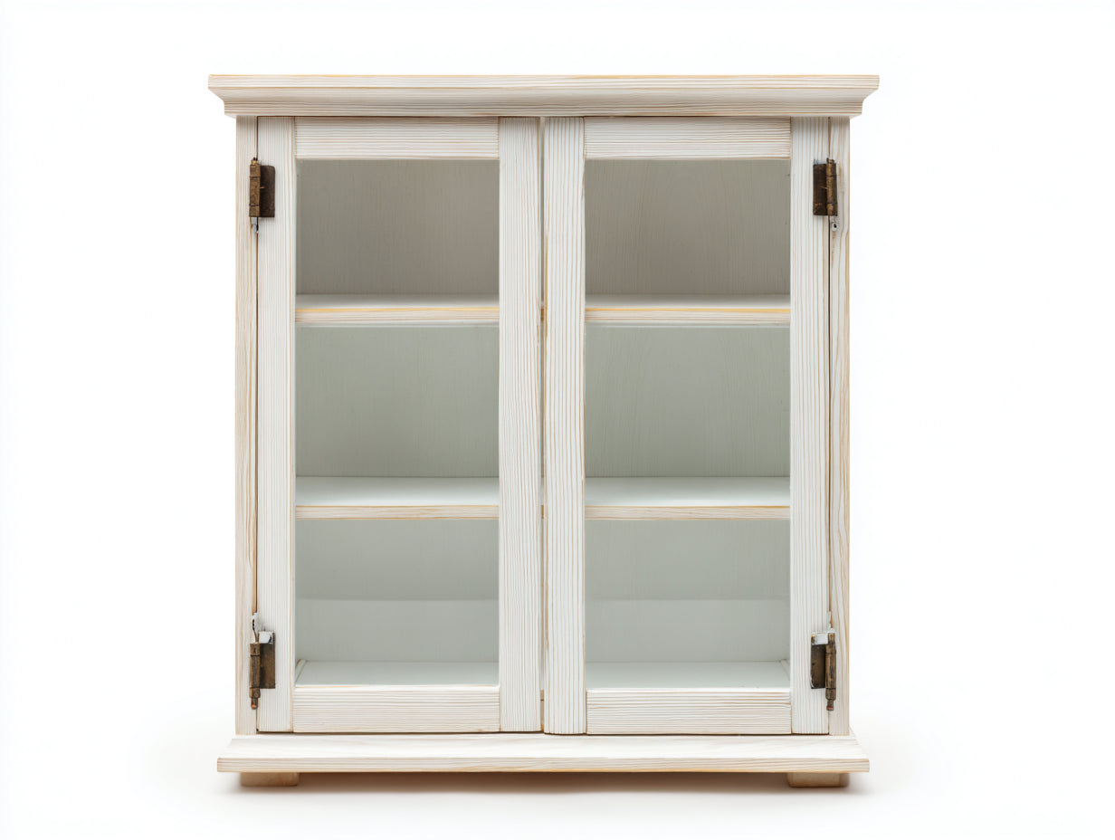 Bücherregal Holzrahmen mit 2 Glastüren 85x35x120 cm - Weiß-Naturholz - klassisches Design