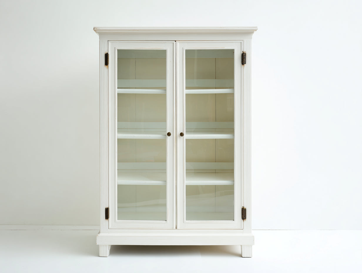 Bücherregal Massivholz 110x45x190 cm - Weiß - Klassisches Vitrinendesign mit Glastüren