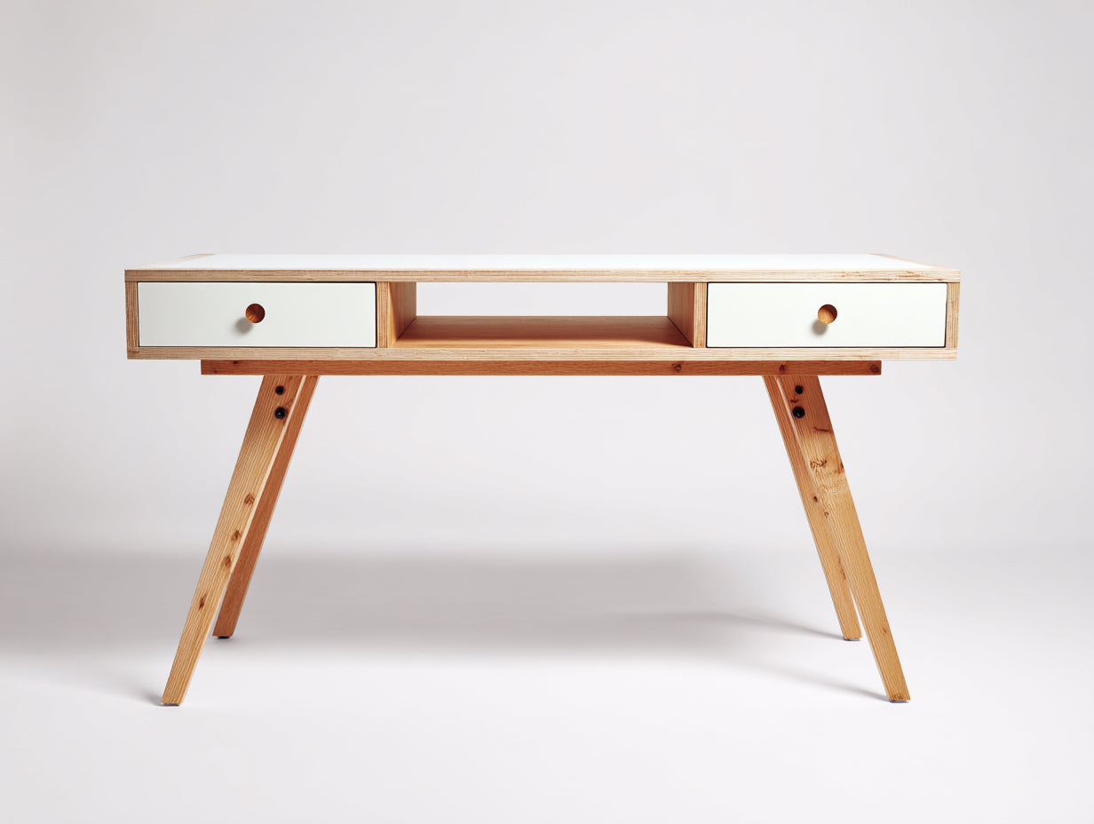 Schreibtisch Holzrahmen mit 2 Schubladen 120x55x76 cm - Weiß-Naturholz - modernes Design