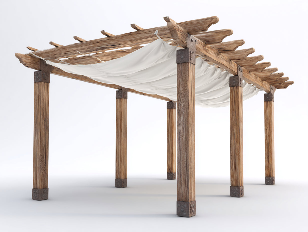 Pavillon Holz mit Stoffdach 420 x 300 x 255 cm - Naturholz-Weiß - für Garten rustikales Design