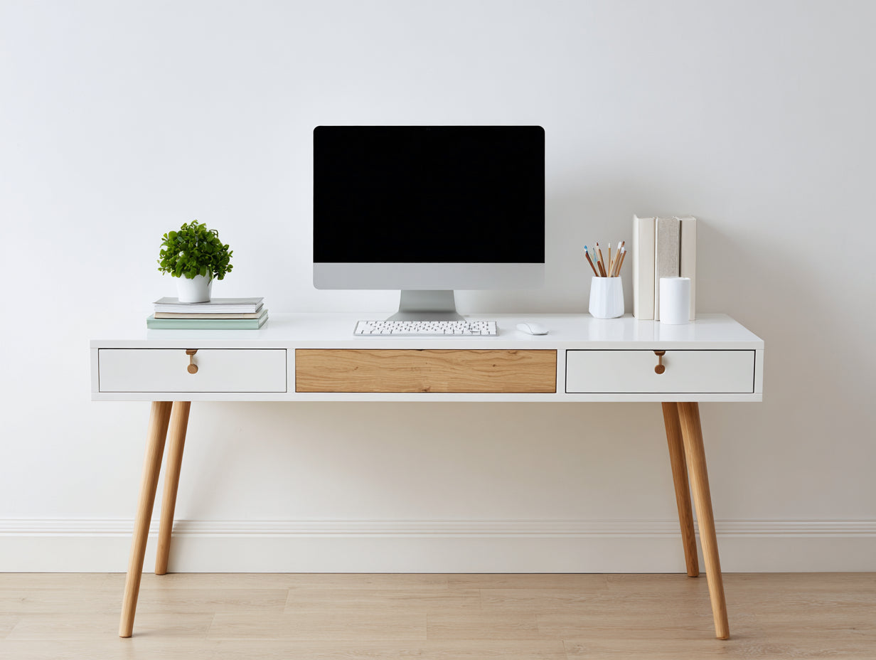 Schreibtisch Massivholz 140x60x78 cm - Weiß-Natur - Modernes skandinavisches Design mit 3 Schubladen