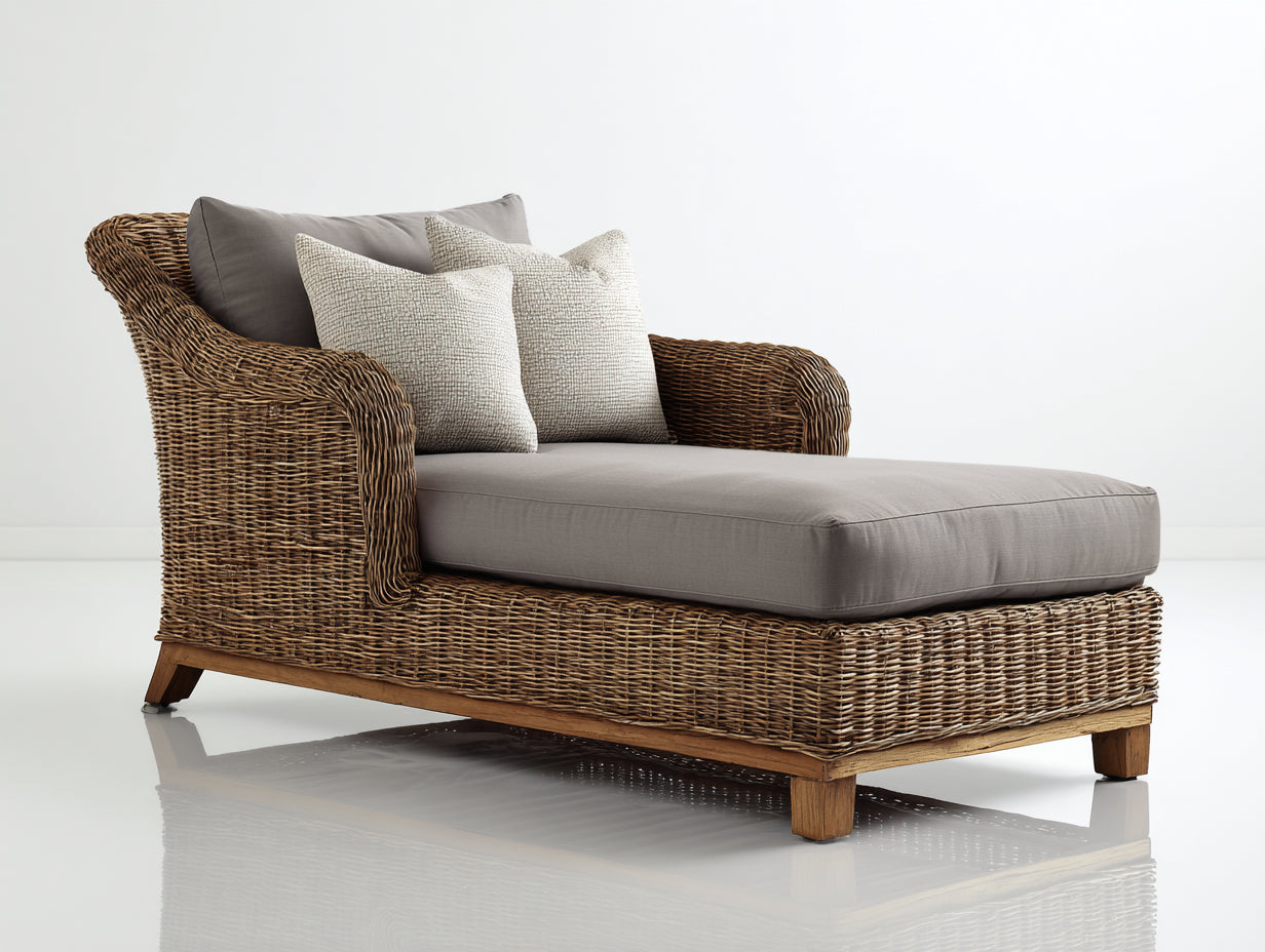 Sonnenliege Rattanoptik mit Polsterauflage 170x75x88 cm - Naturbraun-Grau - klassisches Design